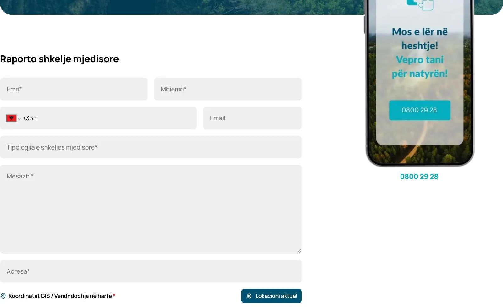 The Denonco form for reporting an environmental violation: name, phone, email, violation type, message, address and map location, beside a phone showing the hotline