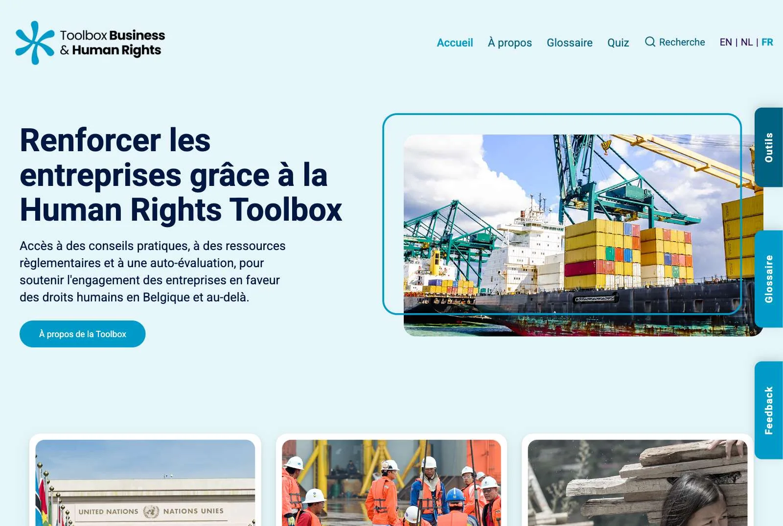 The home page in French: “Renforcer les entreprises grâce à la Human Rights Toolbox”