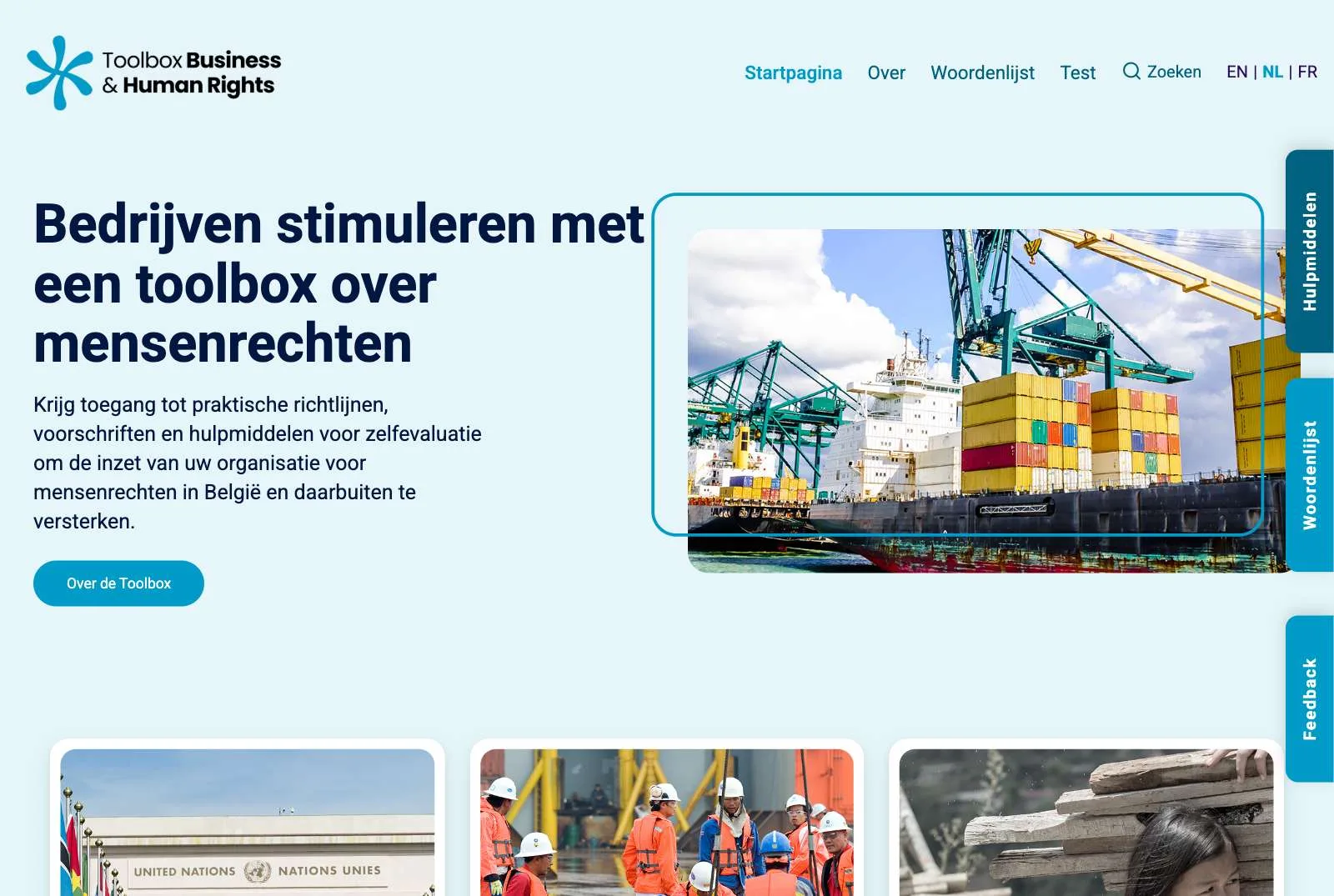 The home page in Dutch: “Bedrijven stimuleren met een toolbox over mensenrechten”