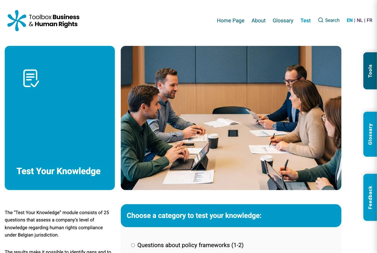 The “Test Your Knowledge” page: a meeting photo, an intro to the 25-question module and the first question category