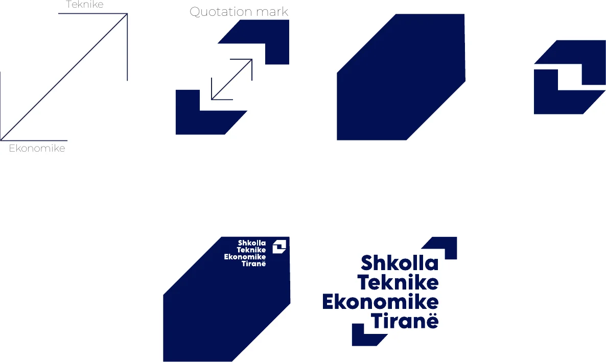 The logo’s construction: a diagonal for the two directions, quotation-mark forms, the resulting icon and the stacked word mark