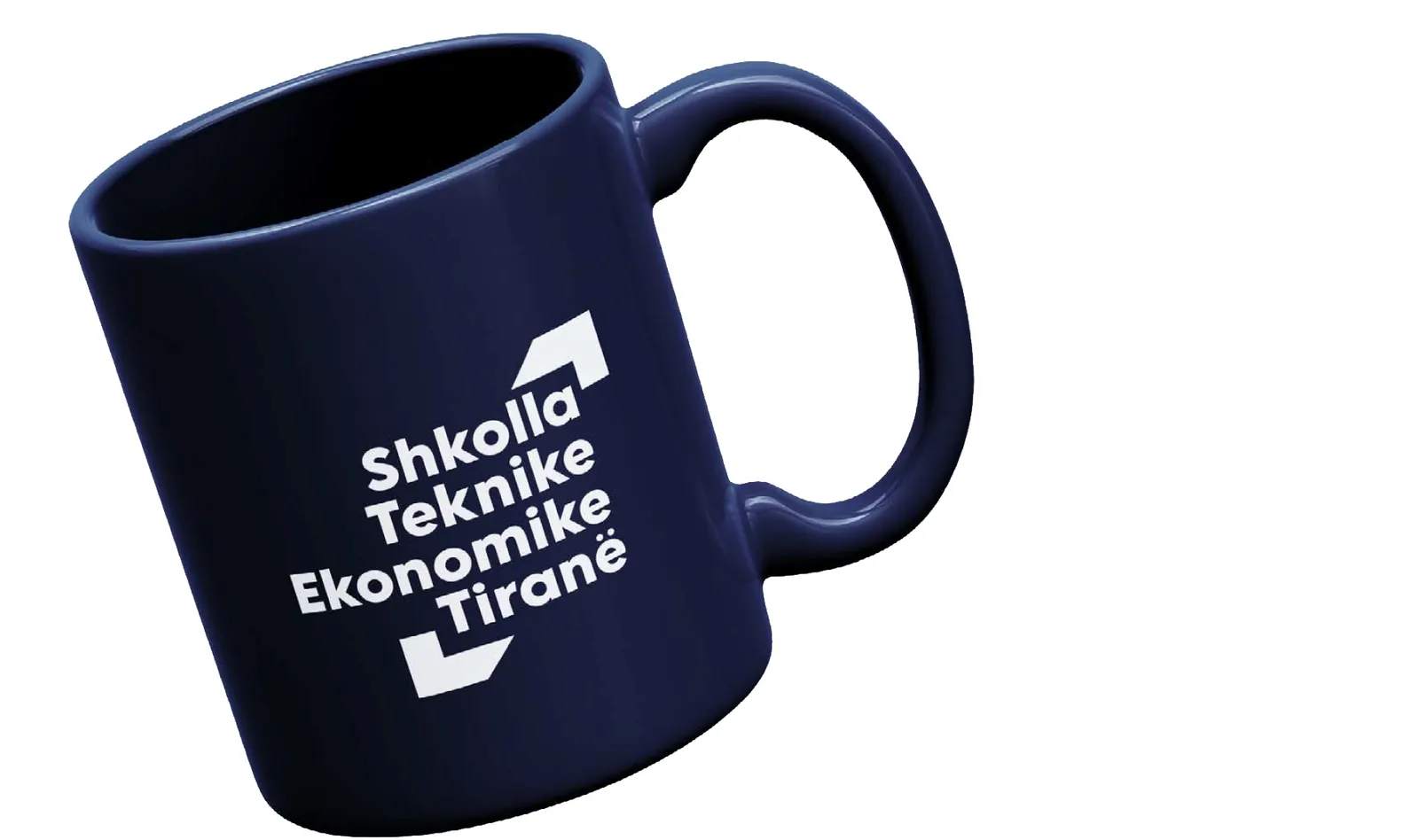 A navy mug with the white word mark